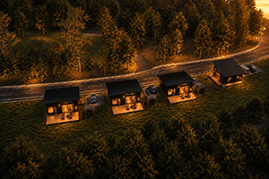 「SANTO RiverGate Villa & Spa」の清流直通の一棟貸切プライベートドッグヴィラの夕景イメージ