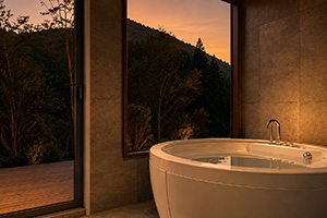 「SANTO RiverGate Villa & Spa」の清流直通の一棟貸切プライベートドッグヴィラの夕焼けのジャグジーイメージ
